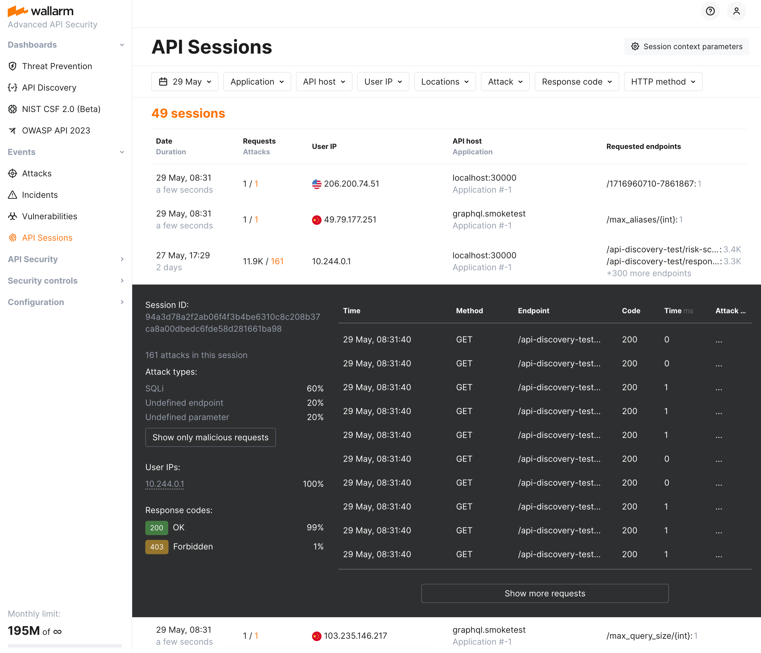 !API Sessions section - monitored sessions