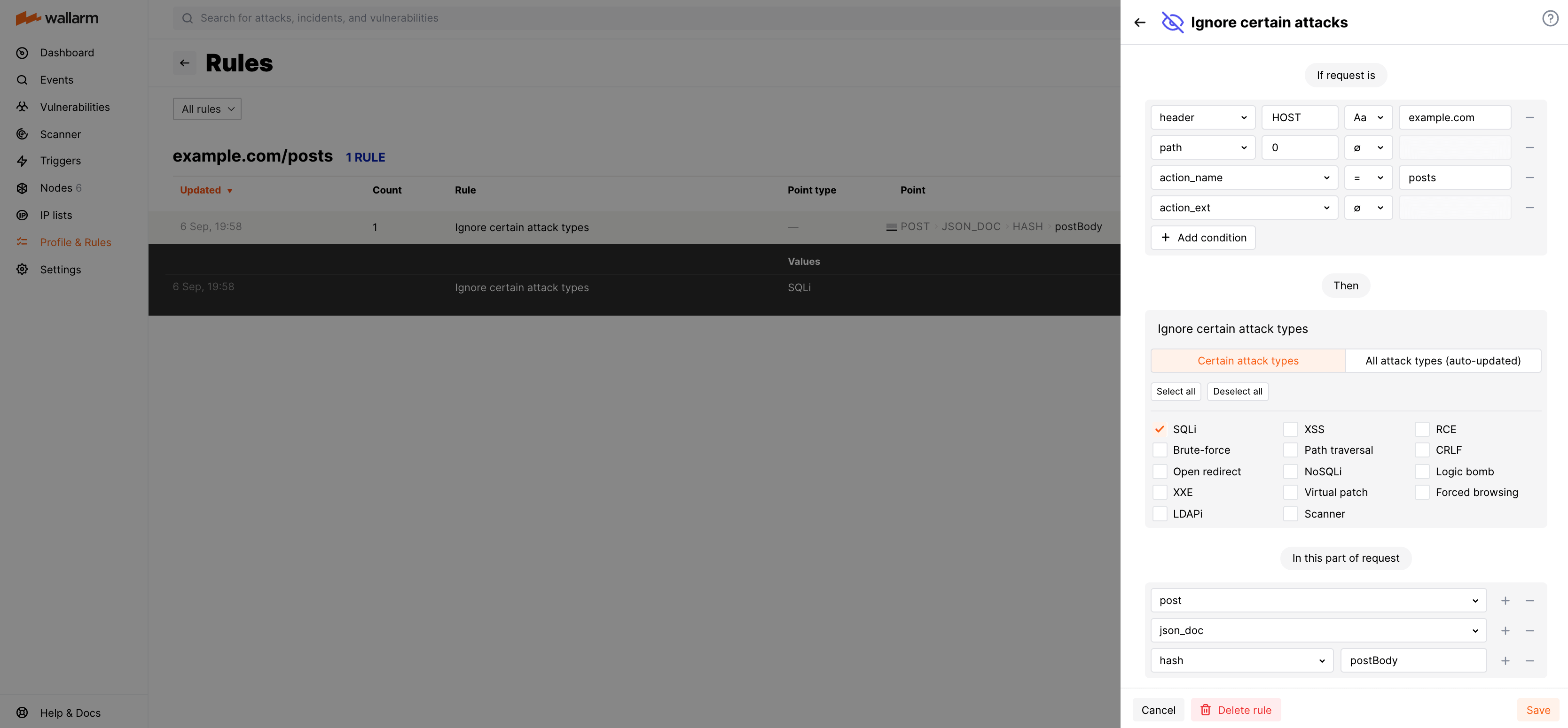 Example of the rule "Ignore certain attack types"