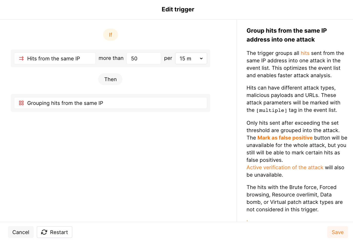 Example of a trigger for hit grouping