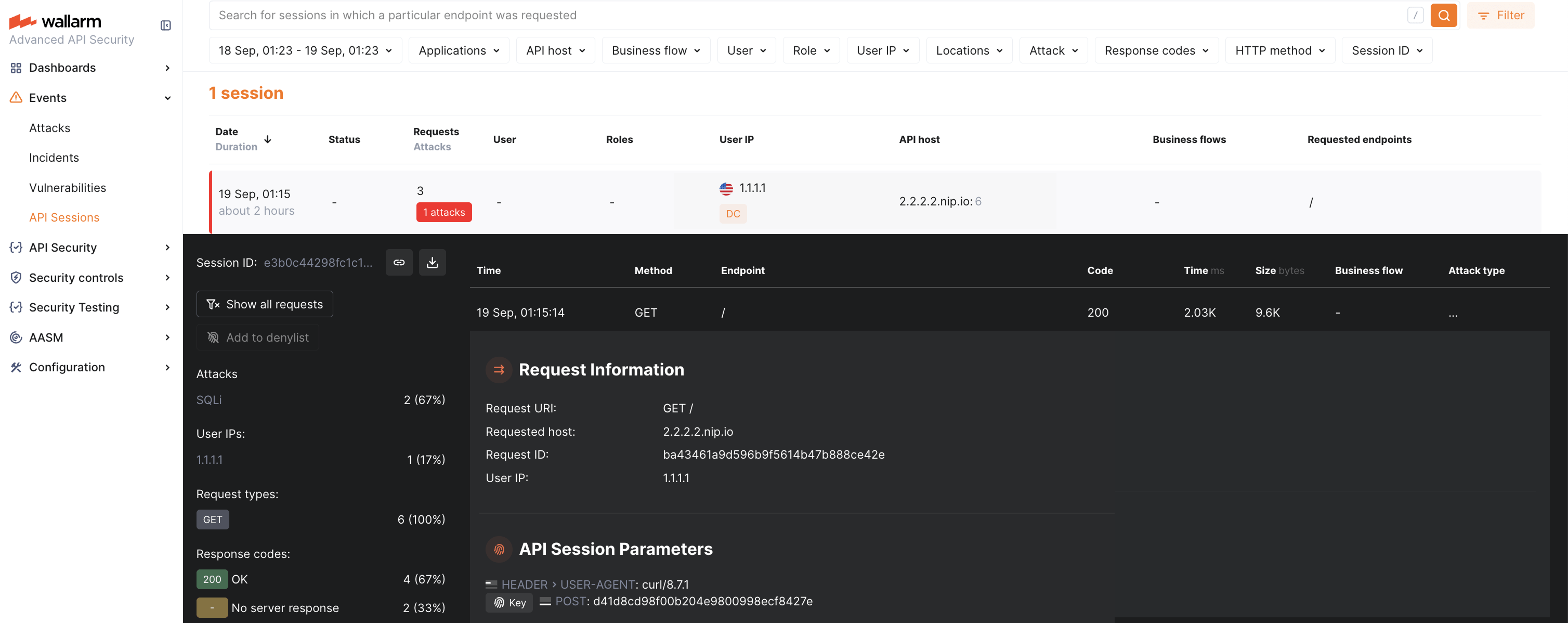 Wallarm Console: legitimate request in API Sessions